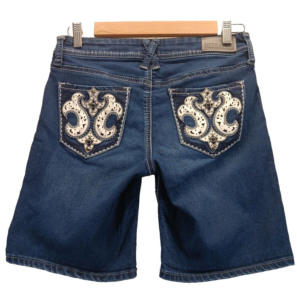 Hydraulic Juniors Sz 7/8 Blue Low Rise Bermuda Bling Jean Lola Curvy Shorts